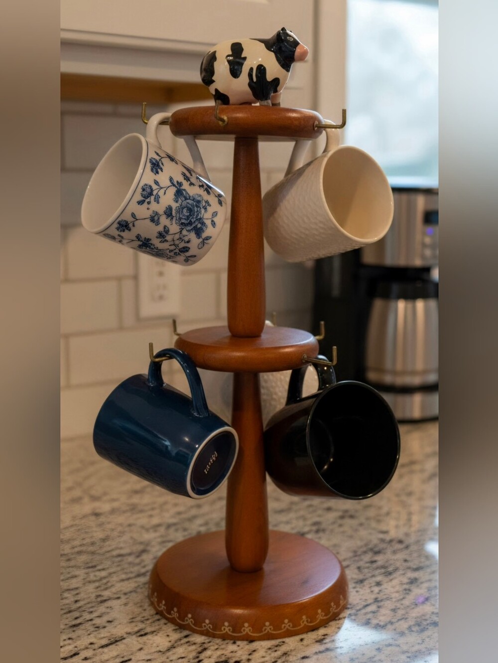 Vintage Farmhouse Wooden Tiered Jewelry Stand Mug Tree Cow Topper